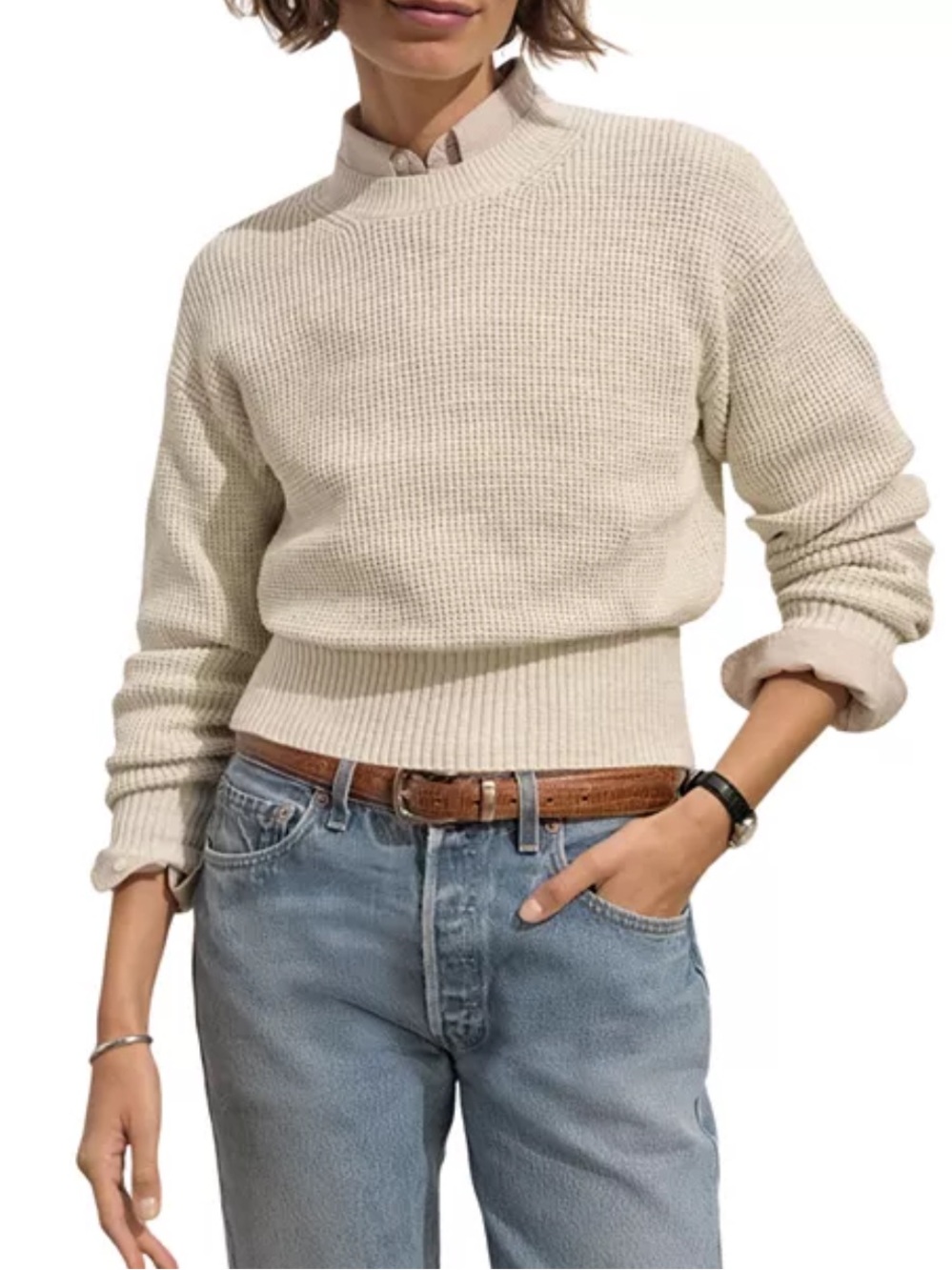 Buck Mason Cotton Cropped Waffle Knit Crewneck Sweater - Cream. Size XS